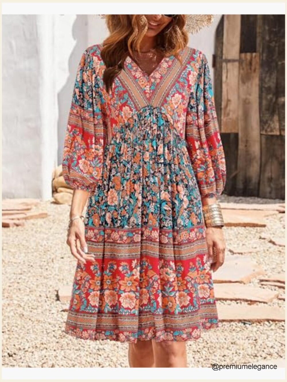 V-Neck 3/4 Sleeve Floral Babydoll Mini Dress Loose Fit Rayon - Picture 2 of 7